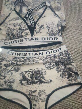 Dior Toile de Jouy Print Two-Piece Lingerie Set Logo Elastic Band